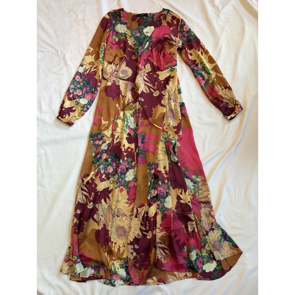 Lulus Put on a Smile Burgundy Floral Print Satin Wrap Maxi Dress Size Small